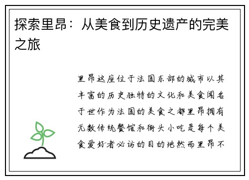 探索里昂：从美食到历史遗产的完美之旅