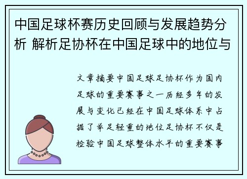中国足球杯赛历史回顾与发展趋势分析 解析足协杯在中国足球中的地位与影响