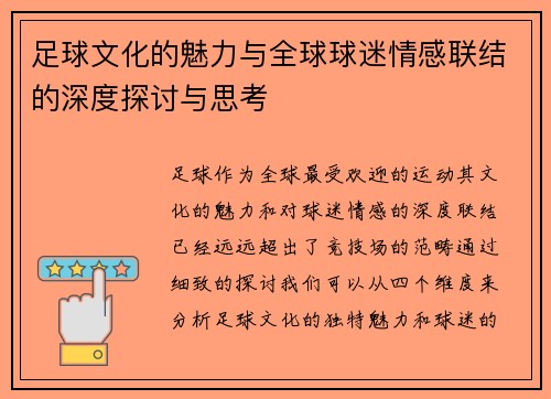 足球文化的魅力与全球球迷情感联结的深度探讨与思考