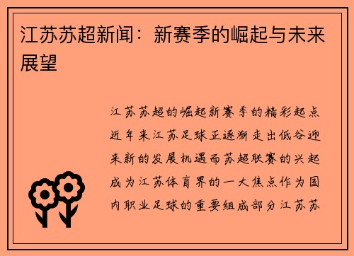江苏苏超新闻：新赛季的崛起与未来展望