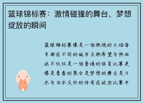篮球锦标赛：激情碰撞的舞台，梦想绽放的瞬间