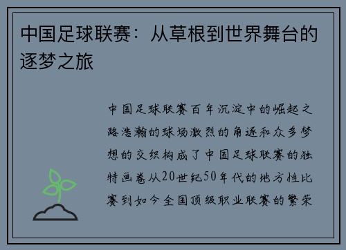 中国足球联赛：从草根到世界舞台的逐梦之旅