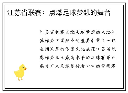 江苏省联赛：点燃足球梦想的舞台
