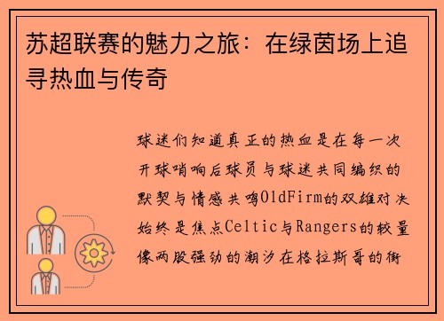 苏超联赛的魅力之旅：在绿茵场上追寻热血与传奇