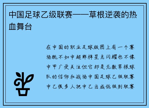 中国足球乙级联赛——草根逆袭的热血舞台