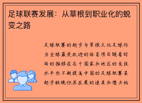 足球联赛发展：从草根到职业化的蜕变之路